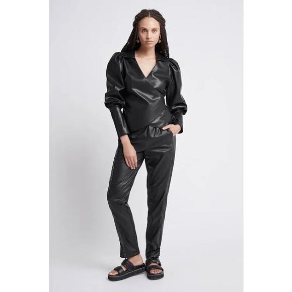 AJE. faux leather Idyllic Wrap Long sleeve Top in Color Black size 12 / Us 8 - Picture 3 of 16